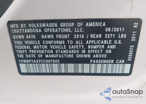 2012 Volkswagen Passat 2.5L Se from USA, damaged, VIN 1VWBP7A37CC007002